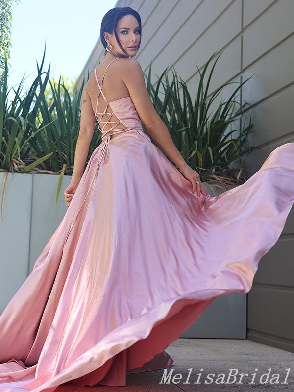 Blush A-Line V-Neck Spaghetti Straps Lace Up Back Evening Gown Maxi Long Evening Party Prom Dresses  ,MB605