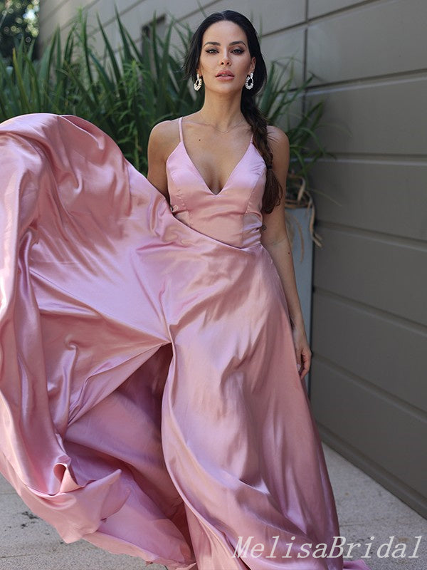 Blush A-Line V-Neck Spaghetti Straps Lace Up Back Evening Gown Maxi Long Evening Party Prom Dresses  ,MB605