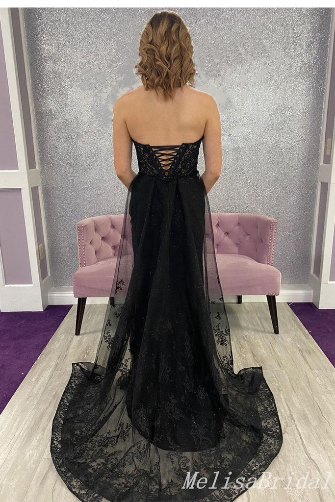 Mermaid Black Lace Appliques Lace UP Back Strapless Evening Ball Gown Maxi Long Formal Dresses Prom Dresses With High Slit,MB576