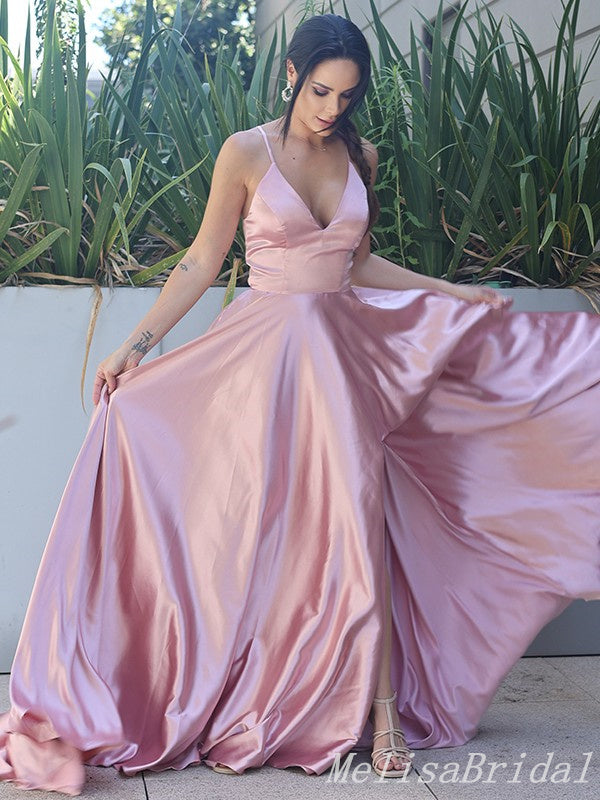 Blush A-Line V-Neck Spaghetti Straps Lace Up Back Evening Gown Maxi Long Evening Party Prom Dresses  ,MB605