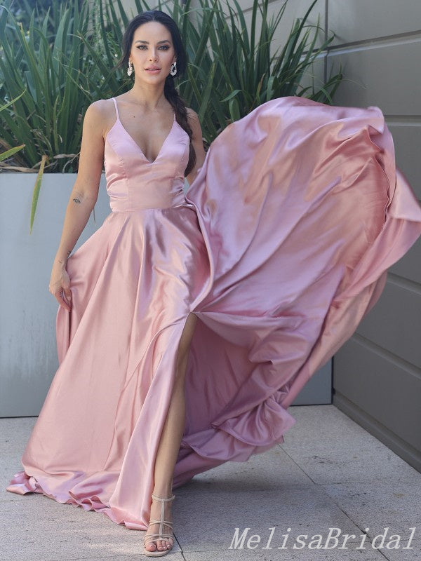Blush A-Line V-Neck Spaghetti Straps Lace Up Back Evening Gown Maxi Long Evening Party Prom Dresses  ,MB605
