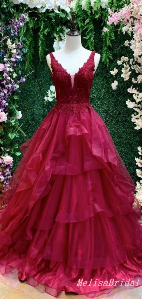 Lace Appliques Open Back V-Neck A-Line Evening Ball Gown Maxi Long Formal Dresses Prom Dresses,MB545