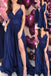 Navy Blue Spaghetti Straps A-line Evening Gown Maxi Long Evening Party Prom Dresses with Side Slit,MB704