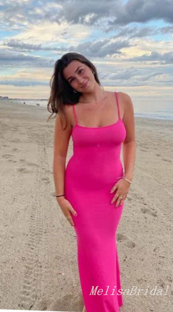 Simple Pink Spaghetti Straps Straight Neck Mermaid Long Prom Dresses to Impress ,MB940