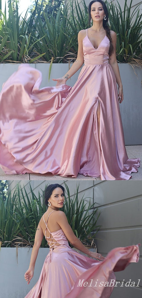 Blush A-Line V-Neck Spaghetti Straps Lace Up Back Evening Gown Maxi Long Evening Party Prom Dresses  ,MB605