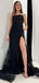Mermaid Black Lace Appliques Lace UP Back Strapless Evening Ball Gown Maxi Long Formal Dresses Prom Dresses With High Slit,MB576