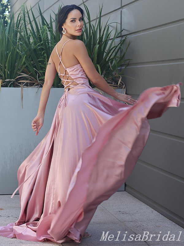 Blush A-Line V-Neck Spaghetti Straps Lace Up Back Evening Gown Maxi Long Evening Party Prom Dresses  ,MB605
