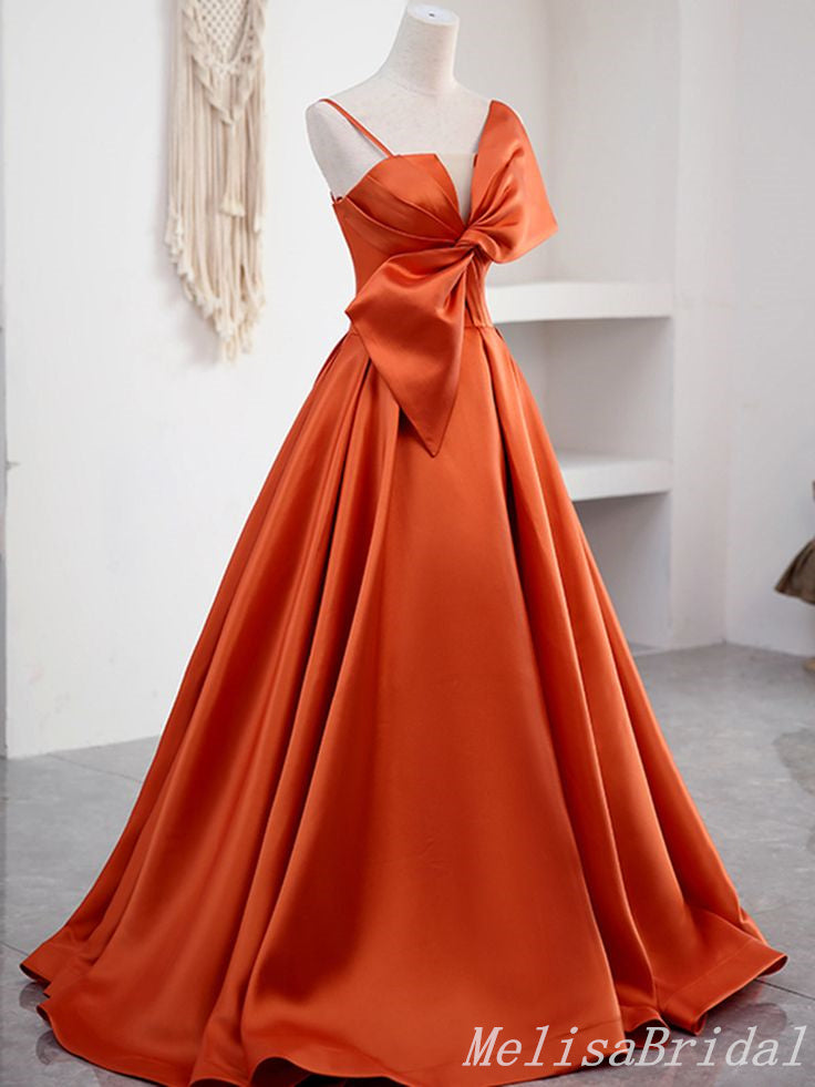 Orange A-Line Spaghetti Straps Bow Evening Ball Gown Maxi Long Evening Party Prom Dresses ,MB598
