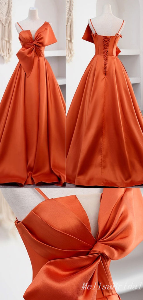 Orange A-Line Spaghetti Straps Bow Evening Ball Gown Maxi Long Evening Party Prom Dresses ,MB598
