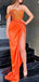Gorgeous One Shoulder Orange PleatsSequin Side Slit Mermaid Evening Long Prom Dresses,MB60