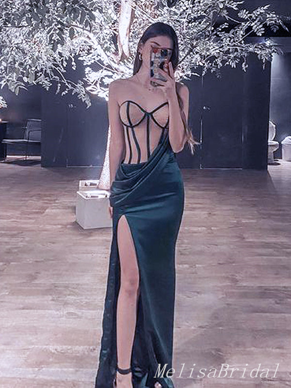 Sexy Bubble Dark Green Illusion Side Slit Mermaid Evening Long Prom Dresses,MB61