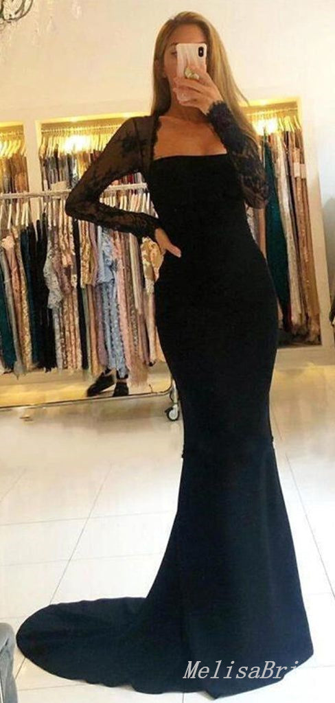 Black Long Sleeves Mermaid Appliques Straight Neck Evening Gown Maxi Long Evening Party Prom Dresses With Trailing,MB670