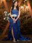 Sparkly Navy Blue Sequin Side Slit Lace Up Back Panel Train Mermaid Evening Prom Dresses,MB17
