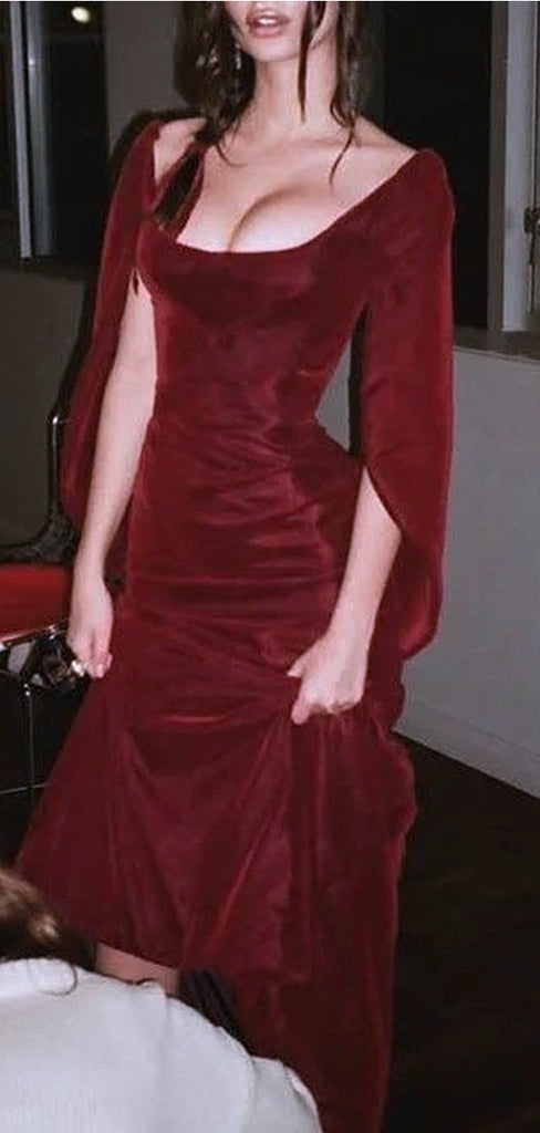 Elegant Red Half Sleeves Mermaid Wedding Guest Long Prom Dresses,MB63