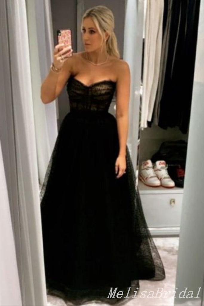 Black Strapless A-line Evening Gown Long Evening Party Prom Dresses,MB855