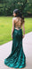 Elegant Green Spaghetti Strap Side Slit Sequin Mermaid Evening Long Prom Dresses,MB64