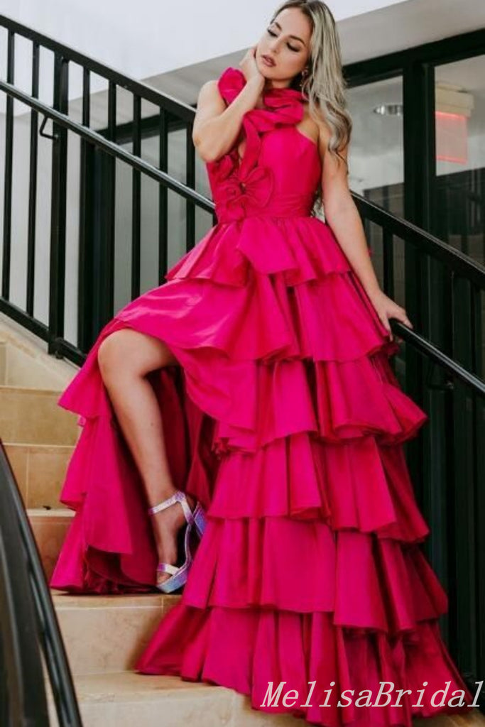 Hot Pink A-Line Plunging Layer Evening Gown Maxi Long Evening Party Prom Dresses,MB671
