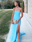 Elegant Light Blue Side Slit Sleeveless Pleats Tulle Mermaid Evening Long Prom Dresses,MB67