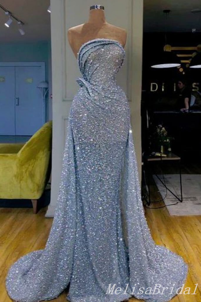 Sparkle Blue Sheath Evening Gown Long Evening Party Prom Dresses,MB859