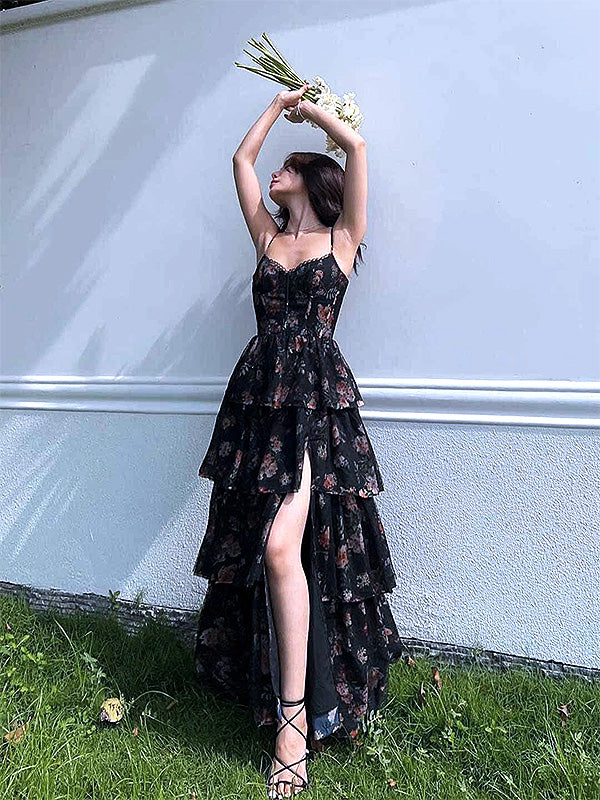 Sexy Black Spaghetti Strap Side Slit Ruffles A-Line Evening Long Prom Dresses,MB69