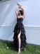 Sexy Black Spaghetti Strap Side Slit Ruffles A-Line Evening Long Prom Dresses,MB69