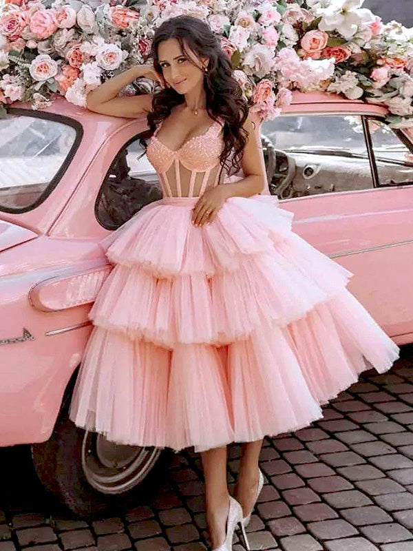 Elegant Pink Sequin Tulle Ruffle A Line Short Homecoming Dresses, HD36
