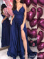 Navy Blue Spaghetti Straps A-line Evening Gown Maxi Long Evening Party Prom Dresses with Side Slit,MB704