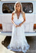 White Lace Appliques Plunging A-Line Evening Gown Maxi Long Evening Party Prom Dresses,MB674