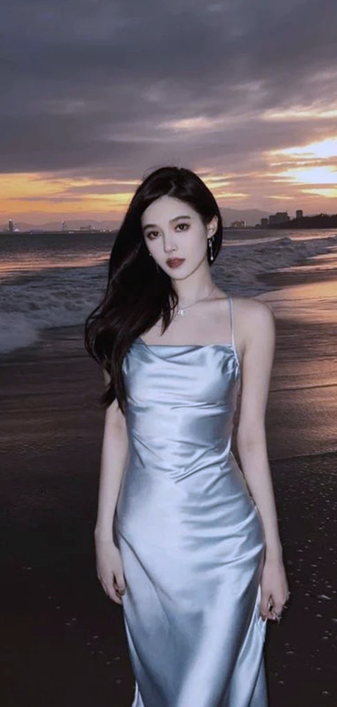 Sexy Simple Blue Spaghetti strap Sleeveless  Mermaid Beach Wedding Prom Dresses,MB70