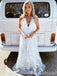 White Lace Appliques Plunging A-Line Evening Gown Maxi Long Evening Party Prom Dresses,MB674
