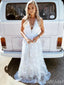 White Lace Appliques Plunging A-Line Evening Gown Maxi Long Evening Party Prom Dresses,MB674