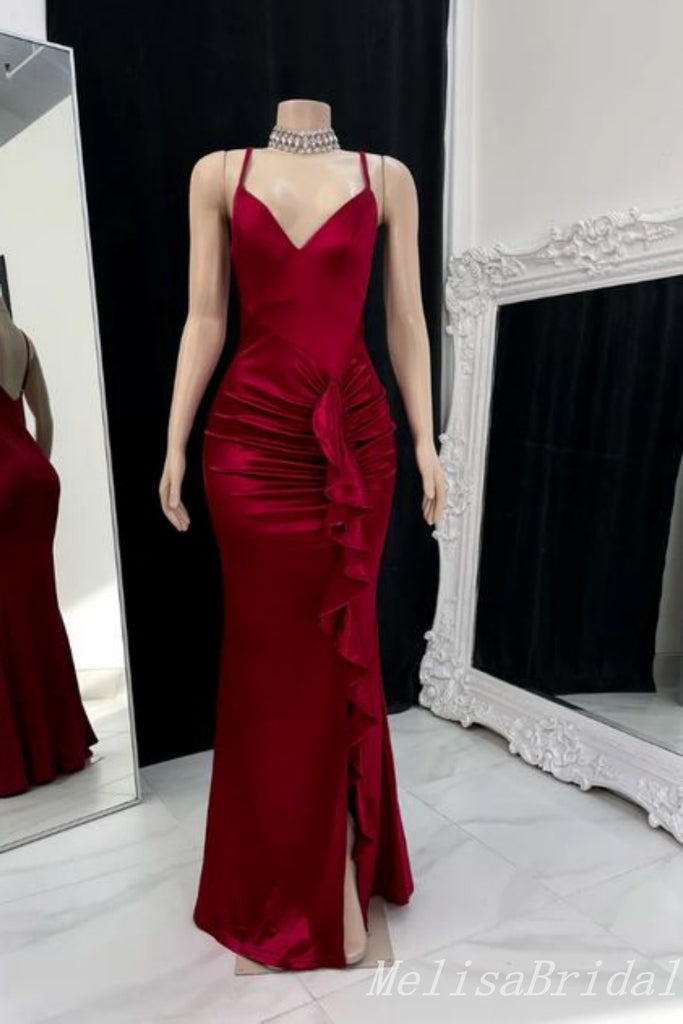 Red Mermaid Spaghetti Straps Evening Gown Maxi Long Evening Party Prom Dresses ,MB675