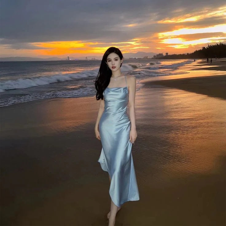 Sexy Simple Blue Spaghetti strap Sleeveless  Mermaid Beach Wedding Prom Dresses,MB70