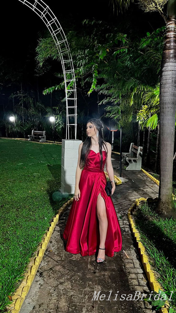 Red Strapless Sweetheart A-line Long Prom Dresses to Impress with Slit ,MB929