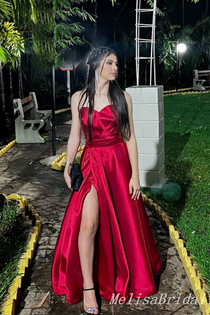 Red Strapless Sweetheart A-line Long Prom Dresses to Impress with Slit ,MB929