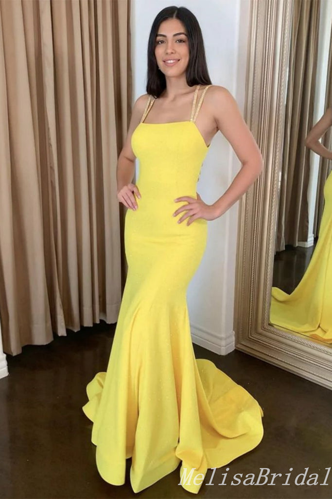 Yellow Spaghetti Straps Mermaid Evening Gown Maxi Long Evening Party Prom Dresses  ,MB680