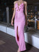 Elegant Pink Halter V-Neck Ruffle Sequin Side Slit Pleats Evening Prom Dresses,MB77