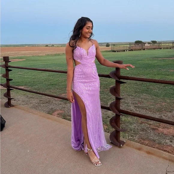 Elegant Purple Spaghetti Straps Sequin V Neck Mermaid Long Evening Prom Dresses,MB116