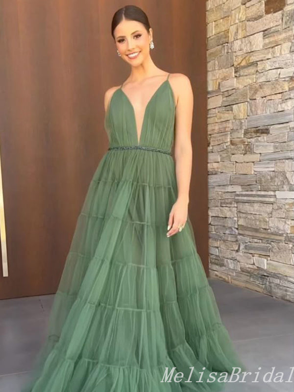 Green Plunging Spaghetti Straps Fluffy A-line Evening Gown Maxi Long Evening Party Prom Dresses with Belt ,MB768