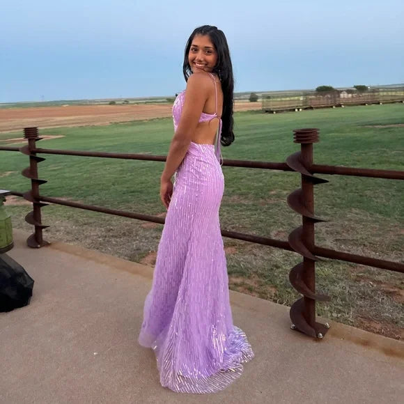 Elegant Purple Spaghetti Straps Sequin V Neck Mermaid Long Evening Prom Dresses,MB116