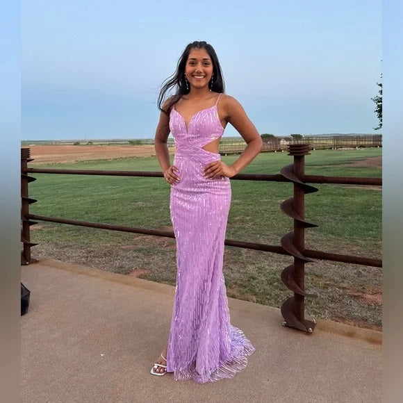 Elegant Purple Spaghetti Straps Sequin V Neck Mermaid Long Evening Prom Dresses,MB116