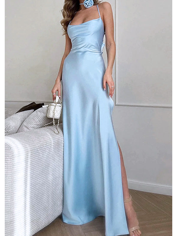 Elegant Light Blue Halter Side Slit Mermaid Long Evening Prom Dresses,MB106