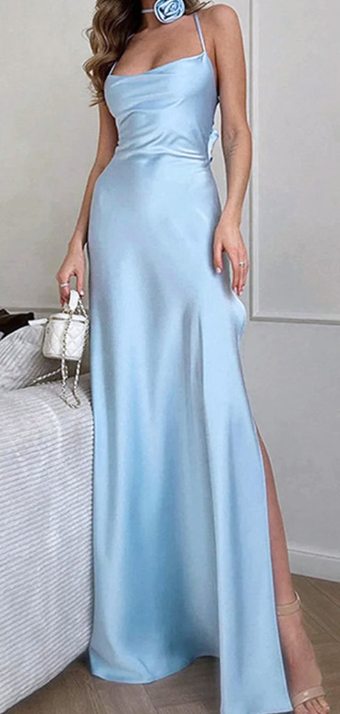 Elegant Light Blue Halter Side Slit Mermaid Long Evening Prom Dresses,MB106