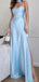 Elegant Light Blue Halter Side Slit Mermaid Long Evening Prom Dresses,MB106