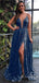 Sparkle Blue Spaghetti Straps A-line Plunging Evening Gown Maxi Long Evening Party Prom Dresses,MB812