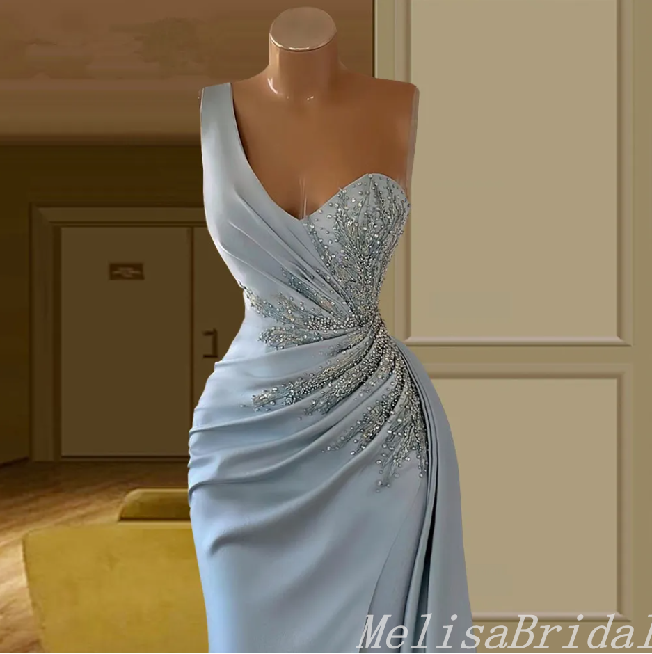 Light Blue Mermaid One Shoulder Beaded Evening Gown Maxi Long Evening Party Prom Dresses with Side Slit,MB769