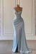 Light Blue Mermaid One Shoulder Beaded Evening Gown Maxi Long Evening Party Prom Dresses with Side Slit,MB769
