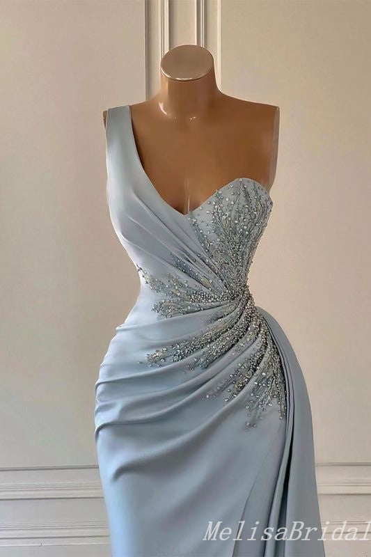 Light Blue Mermaid One Shoulder Beaded Evening Gown Maxi Long Evening Party Prom Dresses with Side Slit,MB769