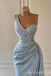 Light Blue Mermaid One Shoulder Beaded Evening Gown Maxi Long Evening Party Prom Dresses with Side Slit,MB769