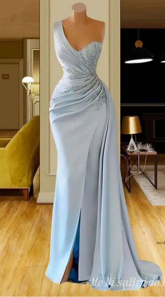Light Blue Mermaid One Shoulder Beaded Evening Gown Maxi Long Evening Party Prom Dresses with Side Slit,MB769